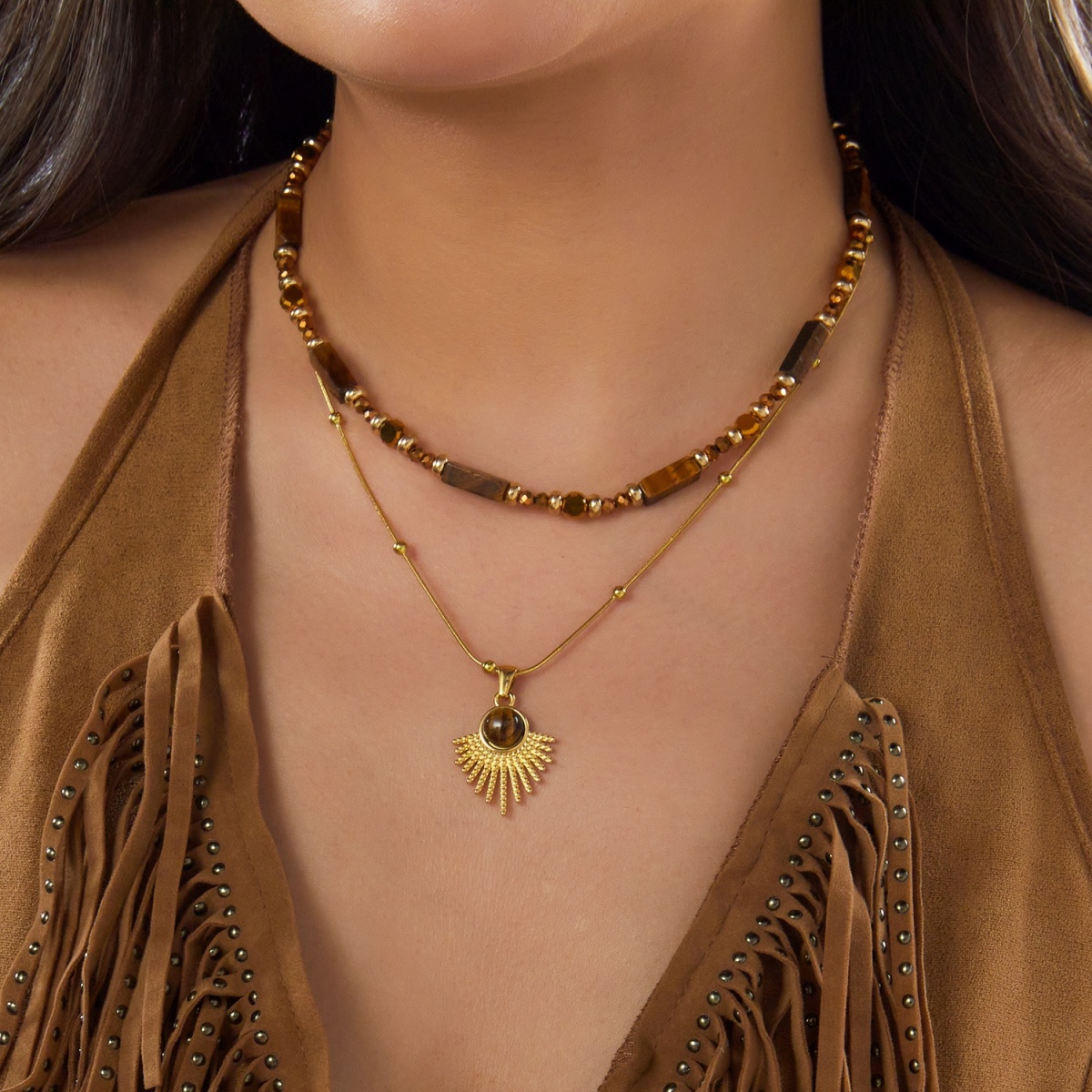 Layered Pendant Necklace Aesthetic - สร้อยคอจี้รูปหัวใจประดับลูกปัดหินตาเสือสีน้ำตาลธรรมชาติสไตล์ฤดูใบไม้ร่วง สำหรับผู้หญิงและผู้ชาย ทำจากสแตนเลส ดีไซน์แบบเลเยอร์