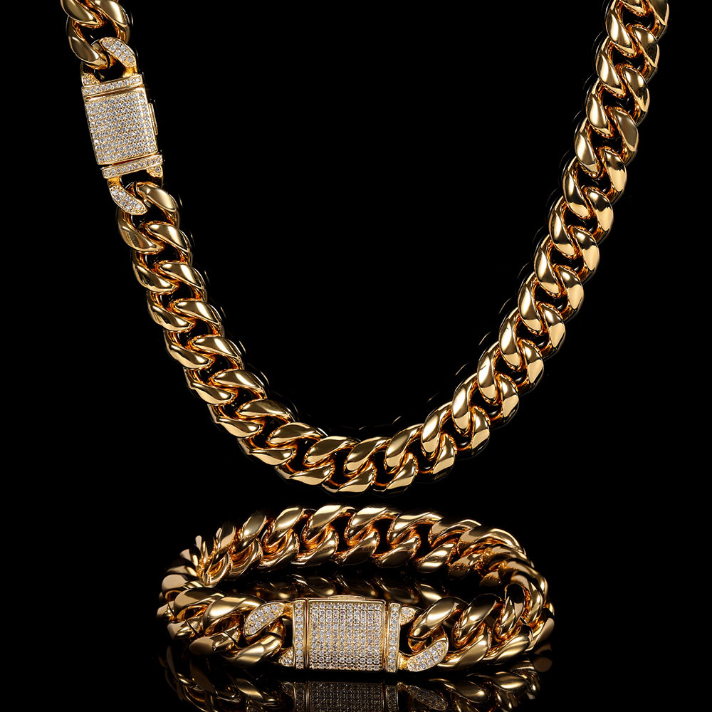 Cuban Link Chain 12Mm - สร้อยคอโซ่316L สไตล์คิวบาสำหรับผู้ชายไมอามี่ขนาด12มม. พร้อมเข็มกลัดน้ำแข็ง