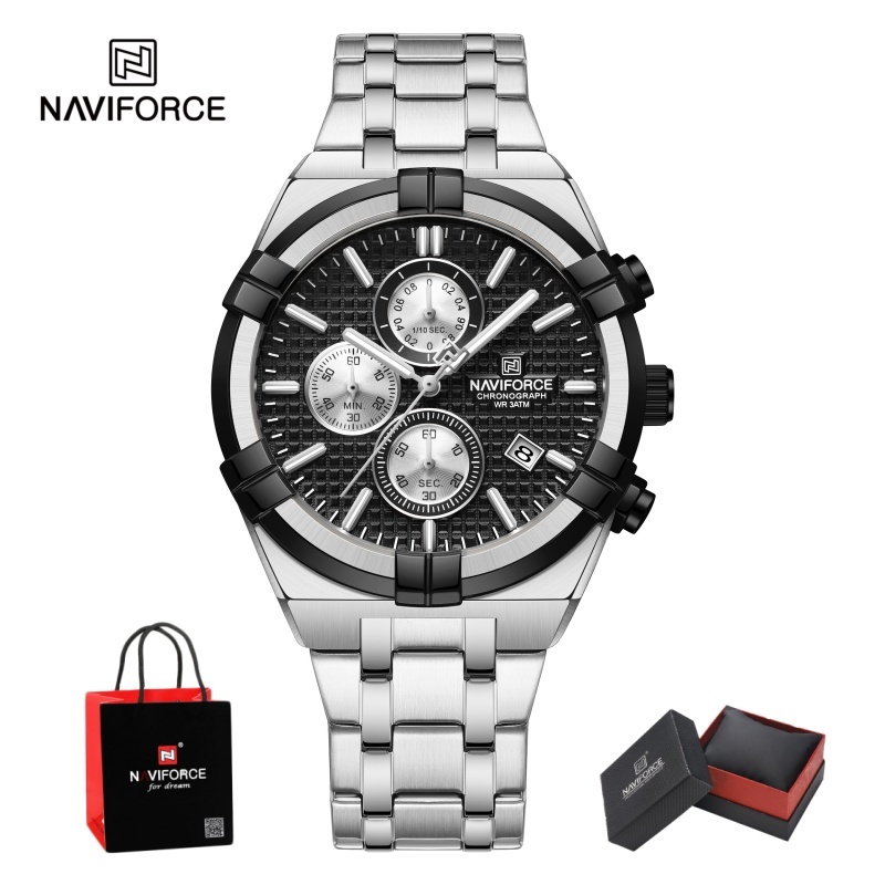 Watch Accessories - นาวิฟอร์ซ นาฬิกาควอตซ์โครโนกราฟสำหรับผู้ชาย กันน้ำ มีเข็มเรืองแสง แสดงวันที่ ตัวเรือนสแตนเลส