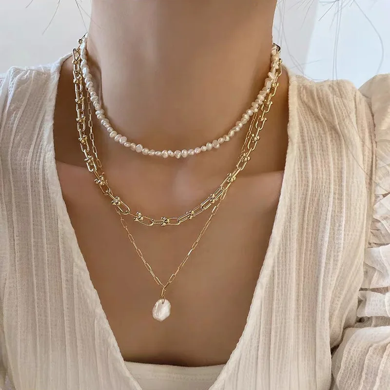 Pearl Choker Necklace Vintage - สร้อยคอจี้มุกน้ำจืดธรรมชาติสไตล์ฝรั่งเศสย้อนยุคสำหรับผู้หญิง สร้อยคอชุบทองหลายชั้นแบบโชคเกอร์