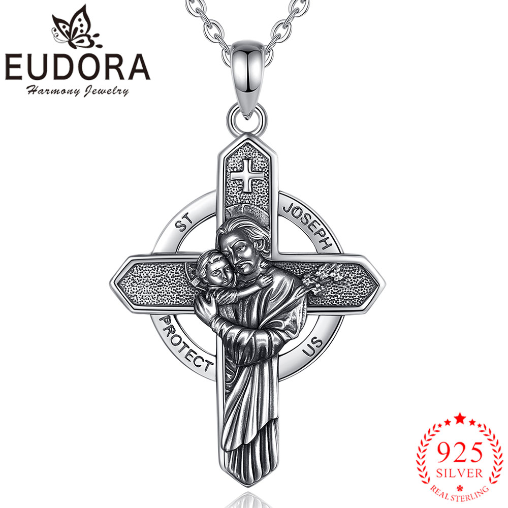 925 Sterling Silver Chain Necklace Men - สร้อยคอเงินแท้ 925 ยูโดรา รูปนักบุญโจเซฟ สำหรับผู้ชายและผู้หญิง จี้กางเขนคาทอลิก