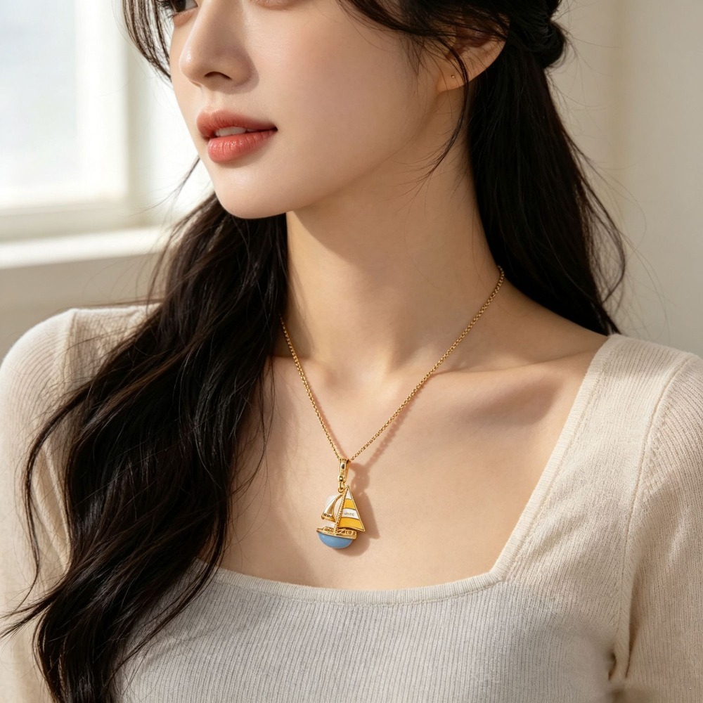 สร้อยคอจี้เรือใบสีน้ำเงินเคลือ - Initial Letter Necklace 18K Gold บทวิจารณ์และราคา