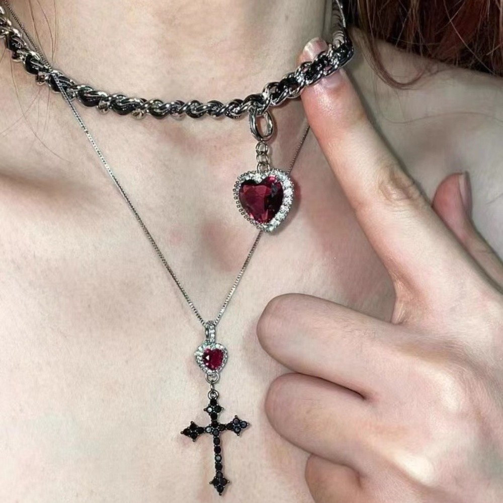 จี้รูปหัวใจคริสตัลสีแดงสไตล์พั - Layered Pendant Necklace Aesthetic บทวิจารณ์และราคา